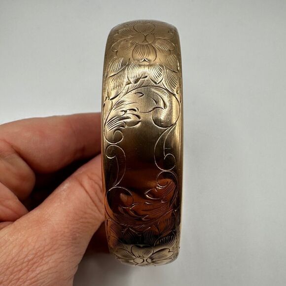 1950s Victorian Revival Etched Floral Gold filled clamper cuff bracelet, FMCO! - Picture 3 of 10